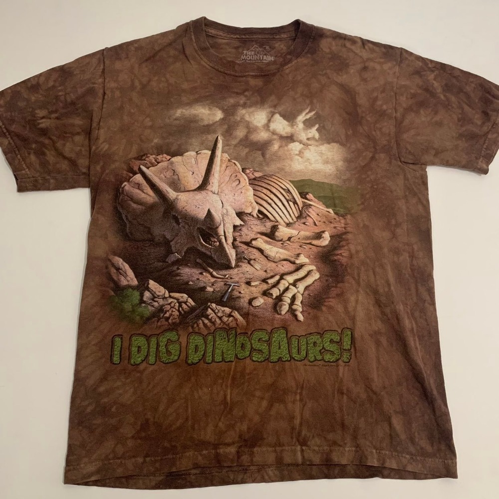 The Mountain I Dig Dinosaurs Tie Dye T Shirt Brown Youth XL Triceratops Fossil